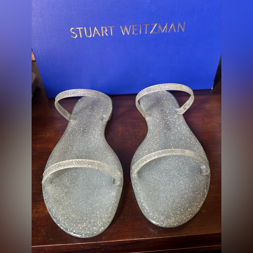 Stuart Weitzman Sawyer Jelly Silver Glitter Double Strap Slides Sandals Size 6